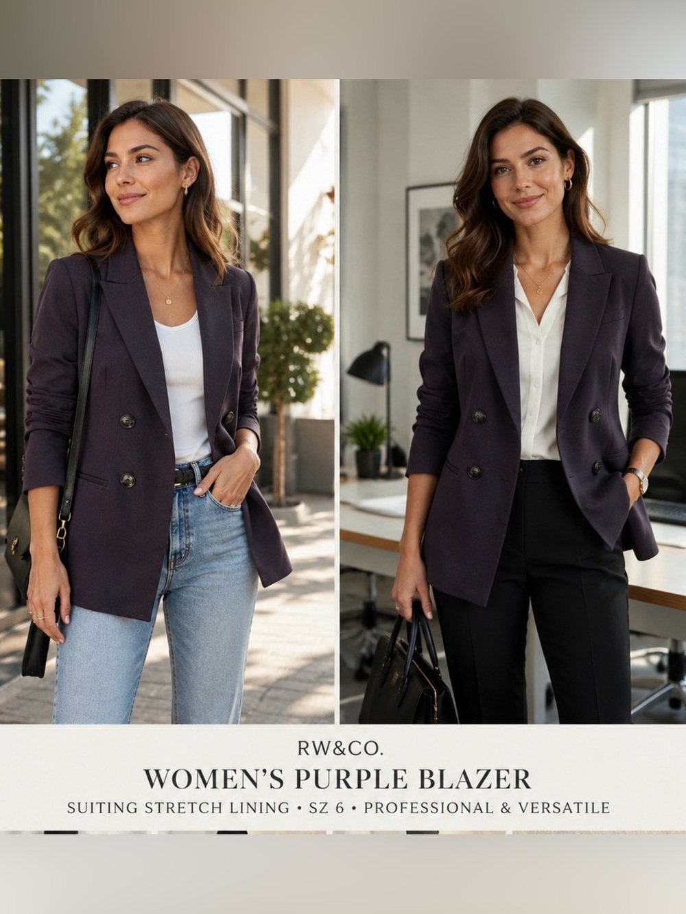 RW&CO women's purple blazer suiting stretch lining Sz 6 professional business